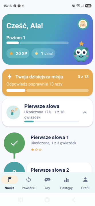 Mapa misji w aplikacji AngloMisja: dział „Pierwsze słowa”, ukończono 17%, misja 1 z gwiazdką.
