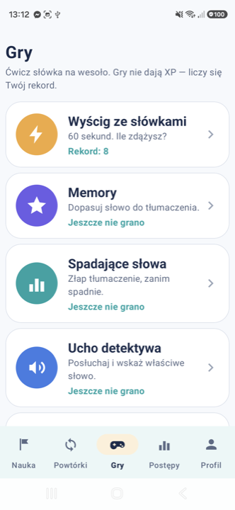 Zakładka Gry z pięcioma mini-grami.